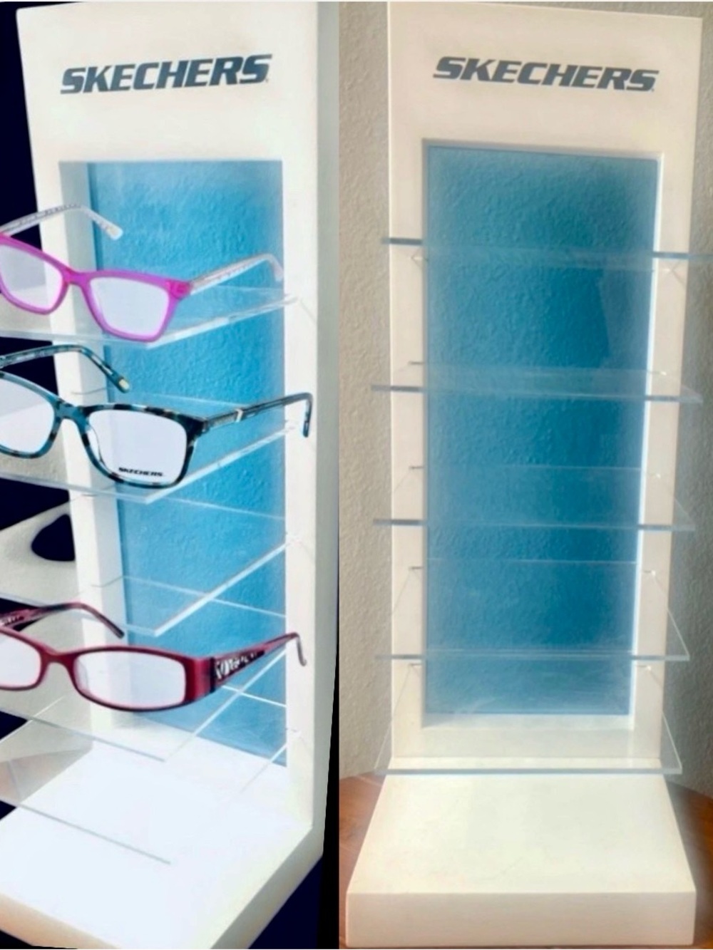 VINTAGE SKECHERS WHITE/BLUE EYEGLASS COUNTERTOP TOWER DISPLAY STAND 20”X 7.5”